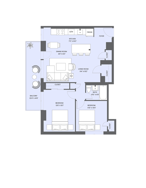 Floor plan for 2 beds, 1 bath, 799 sqft